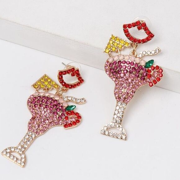 New PINK LEMONAID COCKTAIL RHINESTONE EARRINGS - Picture 1 of 8